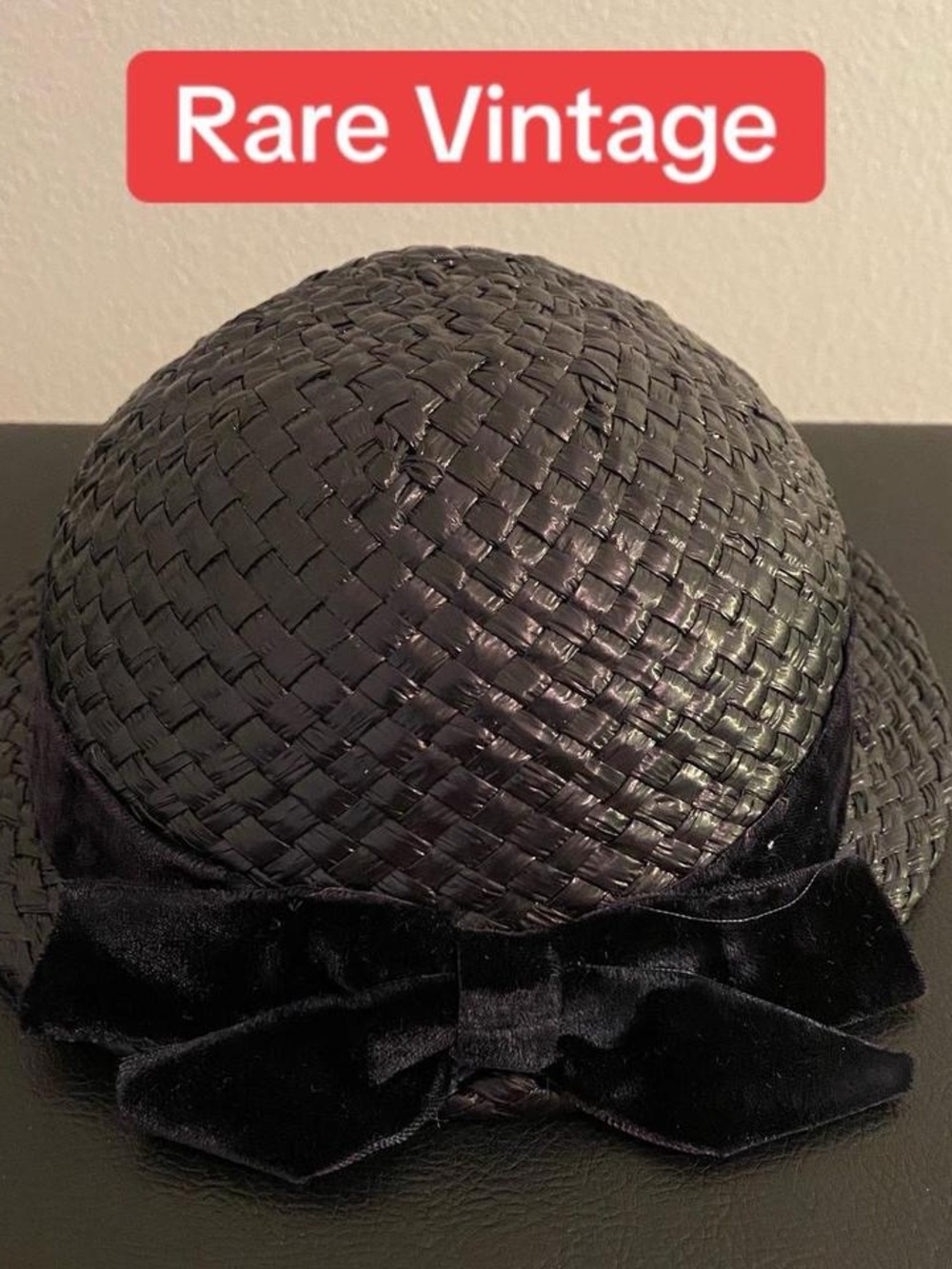 Vintage Black Woven Straw Hat with Velvet Bow